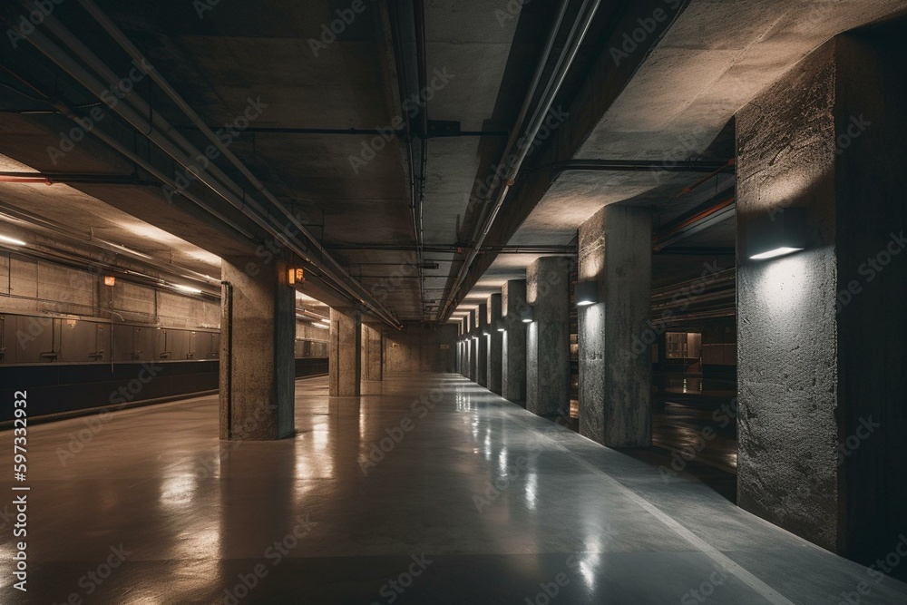 A sloped concrete ceiling and fluorescent lighting create an underground warehouse vibe. Generative AI