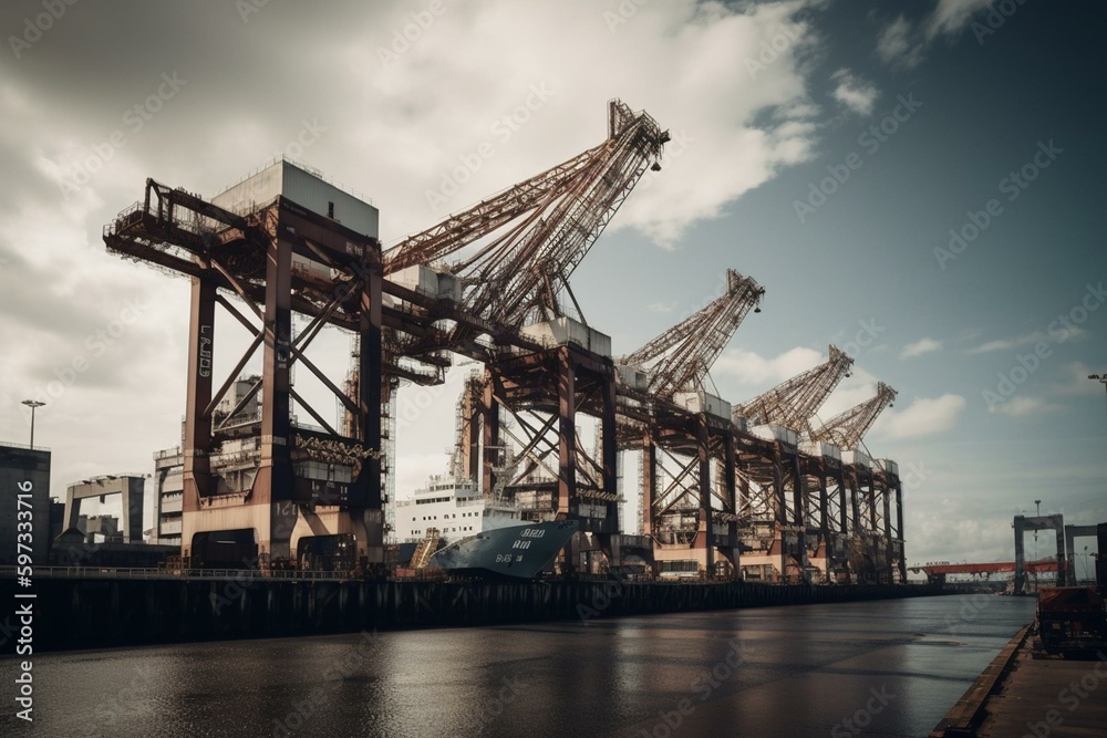 Several gantry cranes, also known as giraffes, line the port facility with an image of maritime logistics. Generative AI