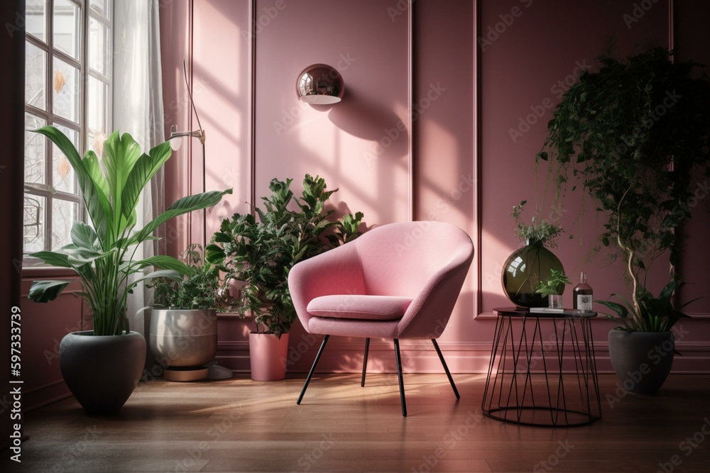 Modern bright room with pink armchair, table & greenery. Generative AI