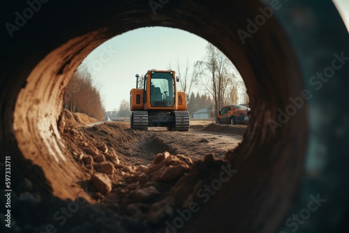 A caterpillar excavator digs the ground; earthworks at construction site with heavy equipment viewed through a concrete pipe. Generative AI