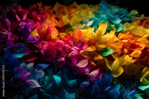 Colorful flower petals shining in rainbow spectrum. Generative AI