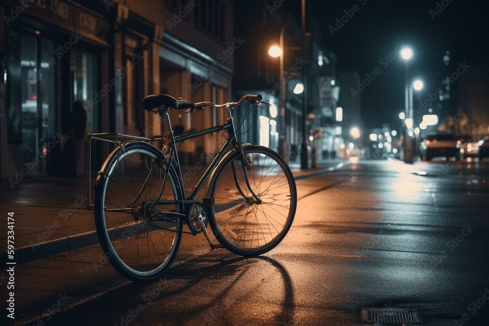 A parked bike on a city street at night with blurry cityscape background and a streetlight. Generative AI - obrazy, fototapety, plakaty 