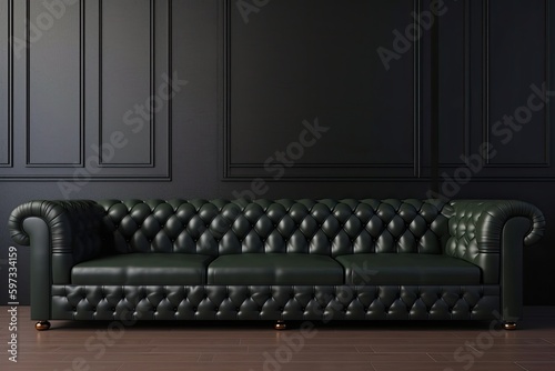 dark room with a vibrant green leather couch as the focal point. Generative AI © 2rogan