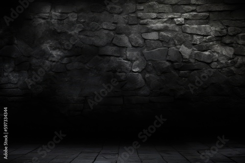 dimly lit room with a rugged stone wall and floor. Generative AI