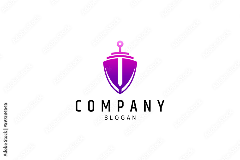 shield logo with sword in flat design