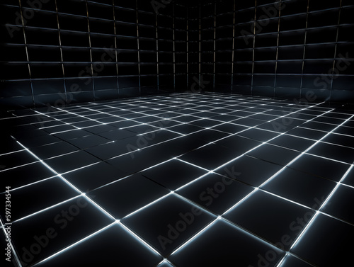 Modern black background with lights shining through it  in the style of perspective rendering  textured surface  and rectangular fields. Generative Ai. 