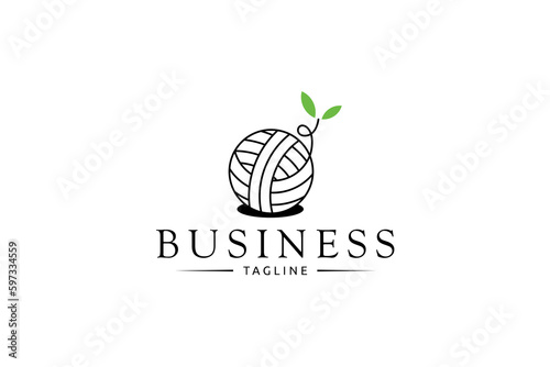 knit ball with leaves in line art logo design style