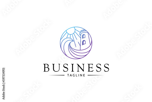 Lighthouse logo with waves and sun shape in circle frame line art design style