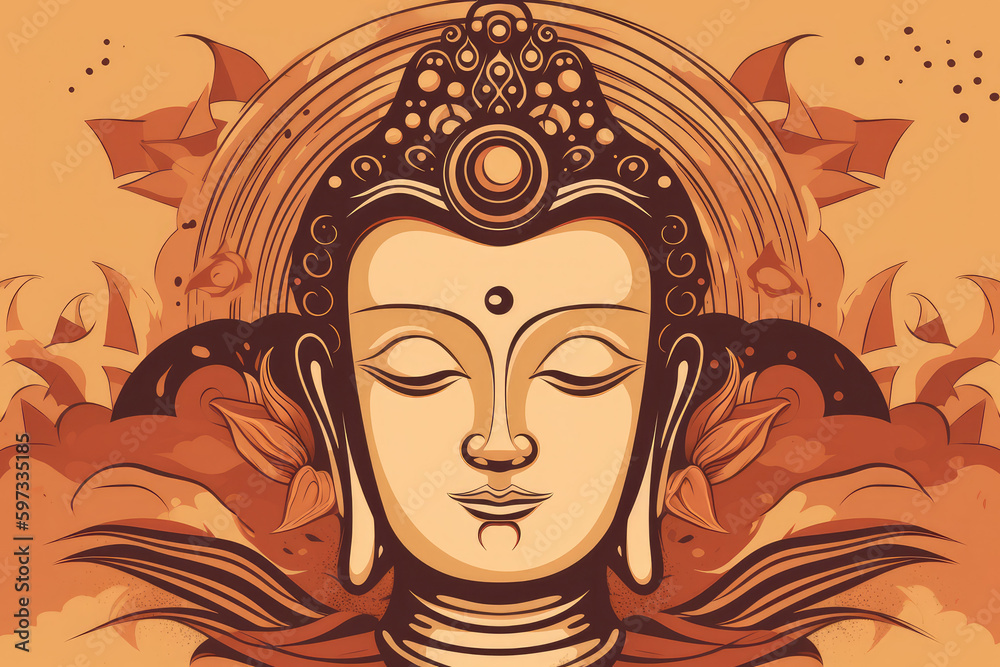 A flat illustration of the face of Buddha, with a serene expression, adorned with the Sanskrit Om Mani Padme, generative AI