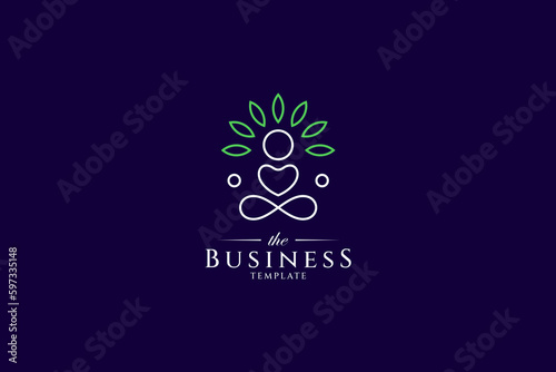 Healthy living people logo with abstract people shape and leaves in linear design style
