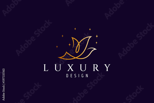 Gold color bird logo looks luxurious and elegant with stars decorated in one line design style