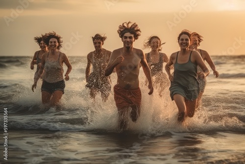 Group of Happy women running in the beach. Generative AI