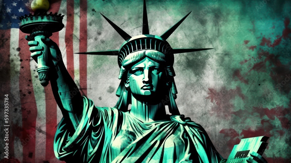 Obraz premium Statue of Liberty with a US flag in the background. Generative AI
