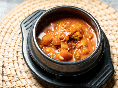 Soybean paste stew in an earthenware bowl, Korean food