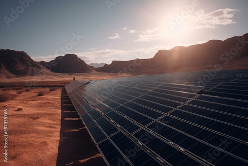 Fotografija Solar panels atop energy plant in arid setting. Generative AI
