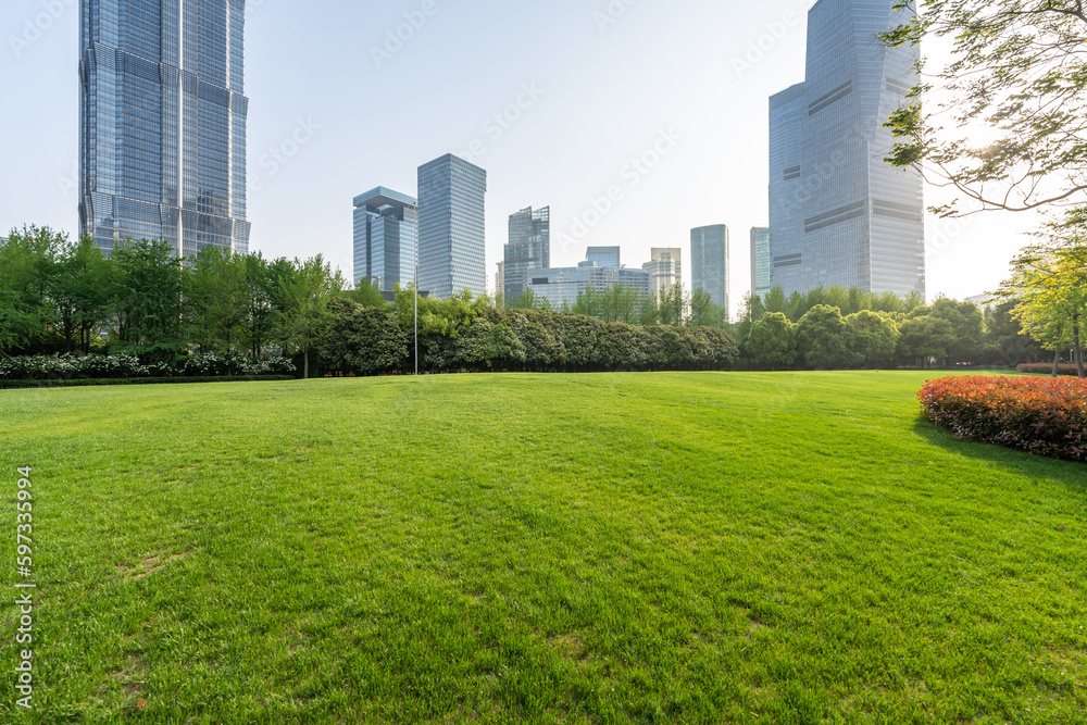 Obraz premium city skyline with green lawn