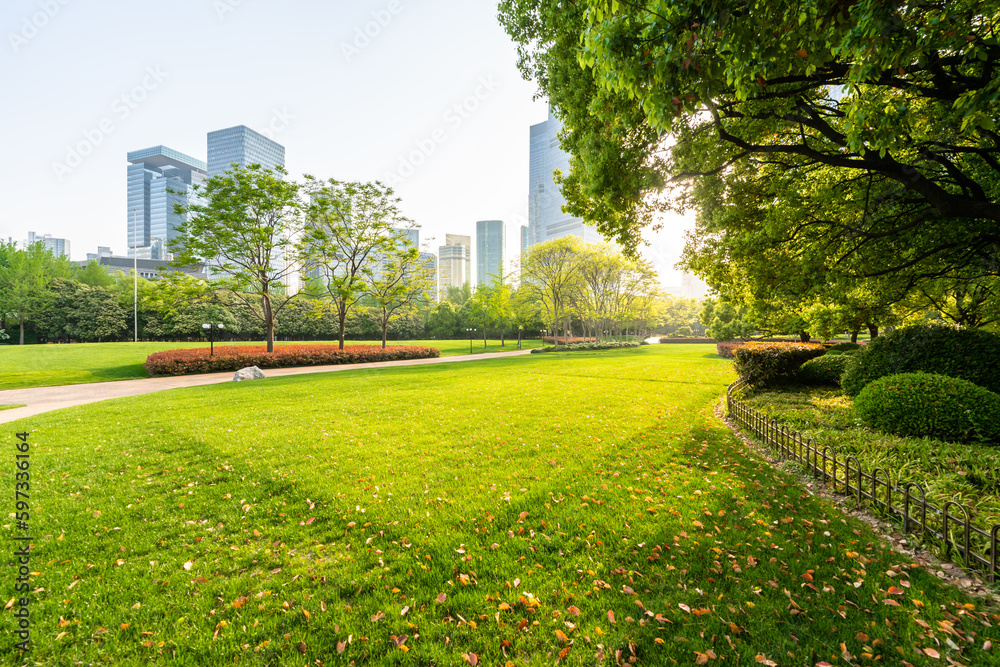 shanghai city skyline with green lawn
