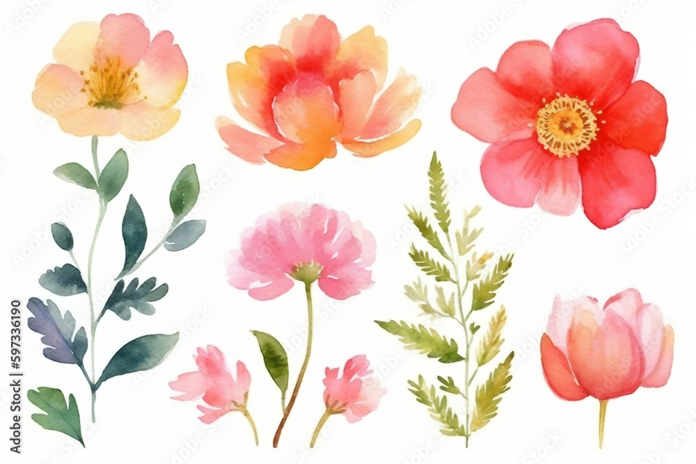 cute Mother's Day watercolor flower collection on white background with margins, Generative AI