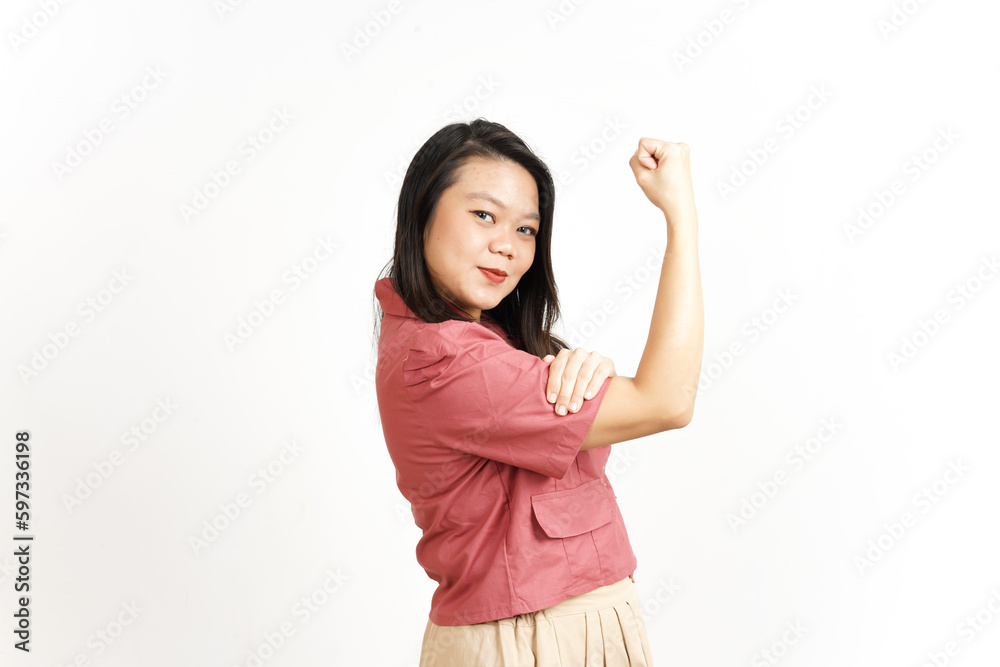 Showing strength and rise arms Of Beautiful Asian Woman Isolated On White Background Showing strength and rise arms Of Beautiful Asian Woman Isolated On White Background