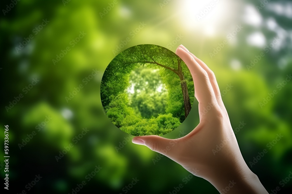 hand holding green magnified ball, with nature background and zoomed in forest hand holding green magnified ball, with nature background and zoomed in forest
