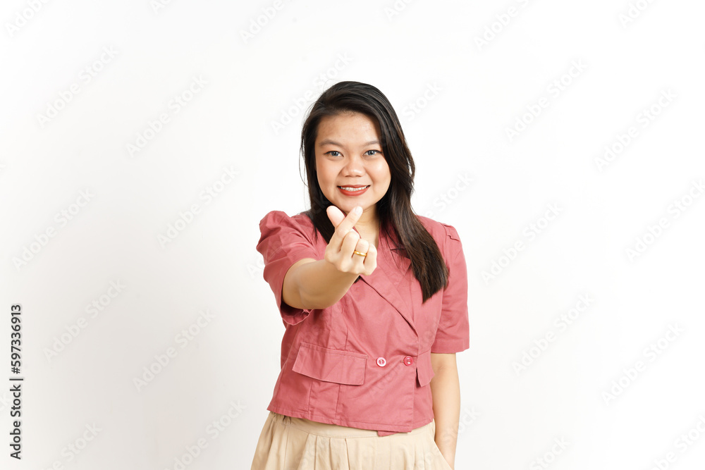 Showing Korean love finger Of Beautiful Asian Woman Isolated On White Background Showing Korean love finger Of Beautiful Asian Woman Isolated On White Background