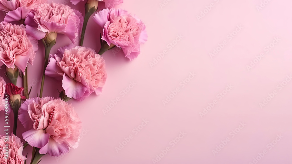 Pink carnations top view on light bright pink background. Banner for mothers day (AI Generated)