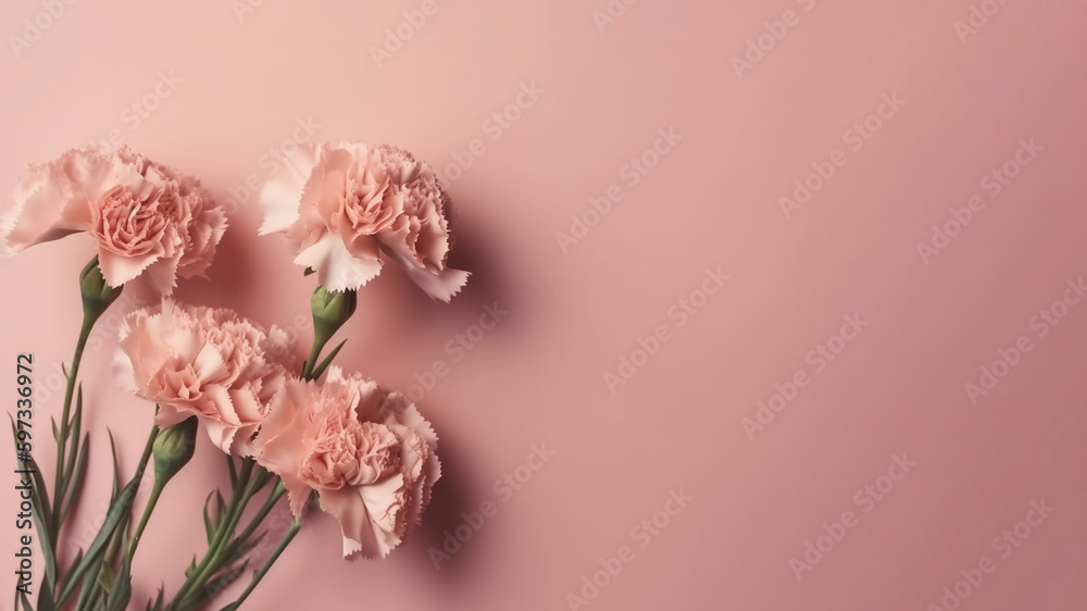 Pink carnations top view on light bright pink background. Banner for mothers day (AI Generated)