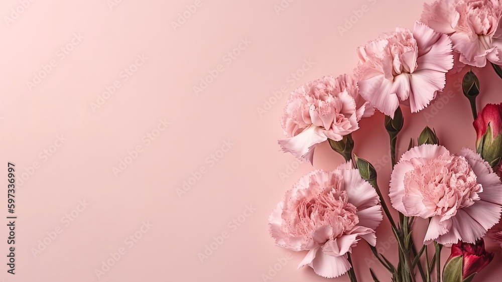 Pink carnations top view on light bright pink background. Banner for mothers day (AI Generated)