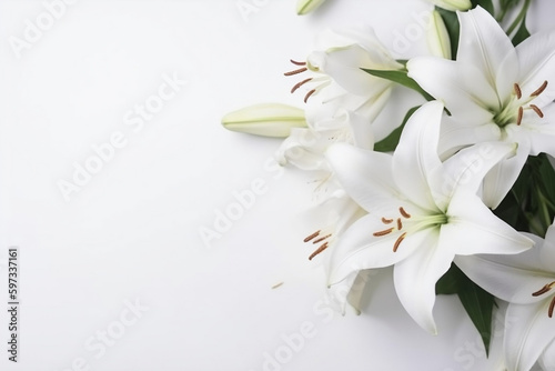 White lily flowers on white background, flower pattern, and space for text Mother's Day greeting card, wedding, Generative AI