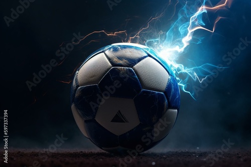 Blue lightning sparks around soccer ball. Generative AI