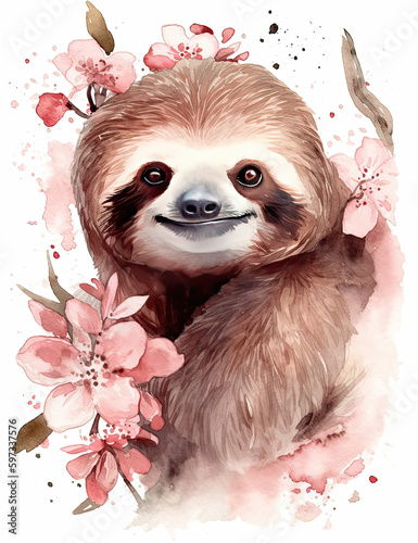 Sloth watercolor illustration, asian style art, wall art, digital print, digital art, asset, wildlife. Generative AI.