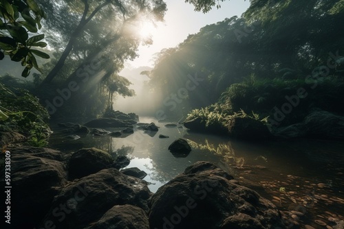 Morning view of rainforest surrounding the river, ancient Mayan ruins. Generative AI © Taha