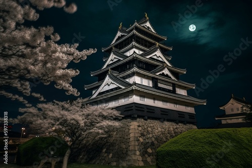 Kumamoto Castle's restored tower overlooks bustling city & scenic train street. Captured in April 2021 as a symbol of recovery. Generative AI
