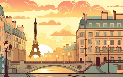 Paris at dawn, flat illustration (Generative AI)