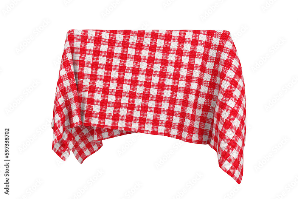 Surprise, Award or Prize Concept. Hidden Object Covered with Red Checkered Tablecloth Texture Fabric. 3d Rendering Surprise, Award or Prize Concept. Hidden Object Covered with Red Checkered Tablecloth Texture Fabric. 3d Rendering