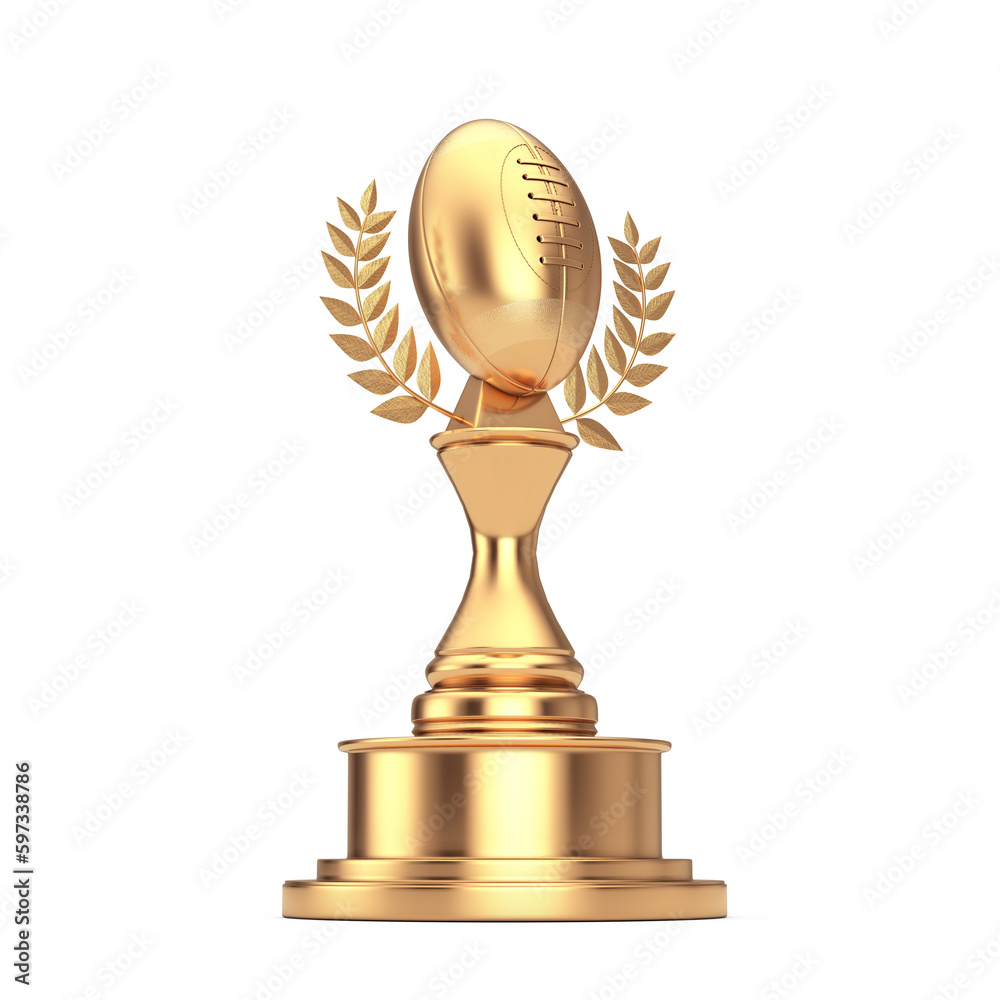 Golden Award Trophy with Golden Classic Old Rugby Ball and Laurel Wreath. 3d Rendering Golden Award Trophy with Golden Classic Old Rugby Ball and Laurel Wreath. 3d Rendering
