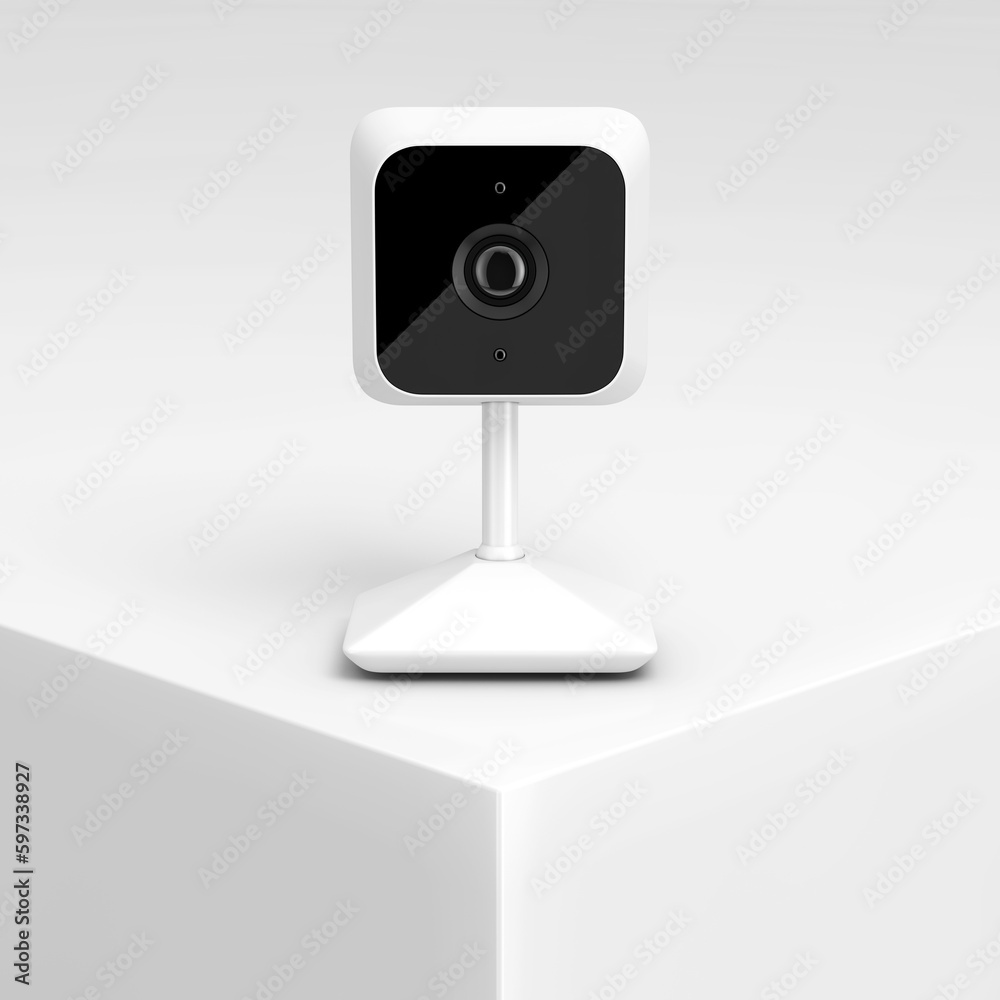 White Modern Web Camera on a White Product Presentation Podium Cube. 3d Rendering