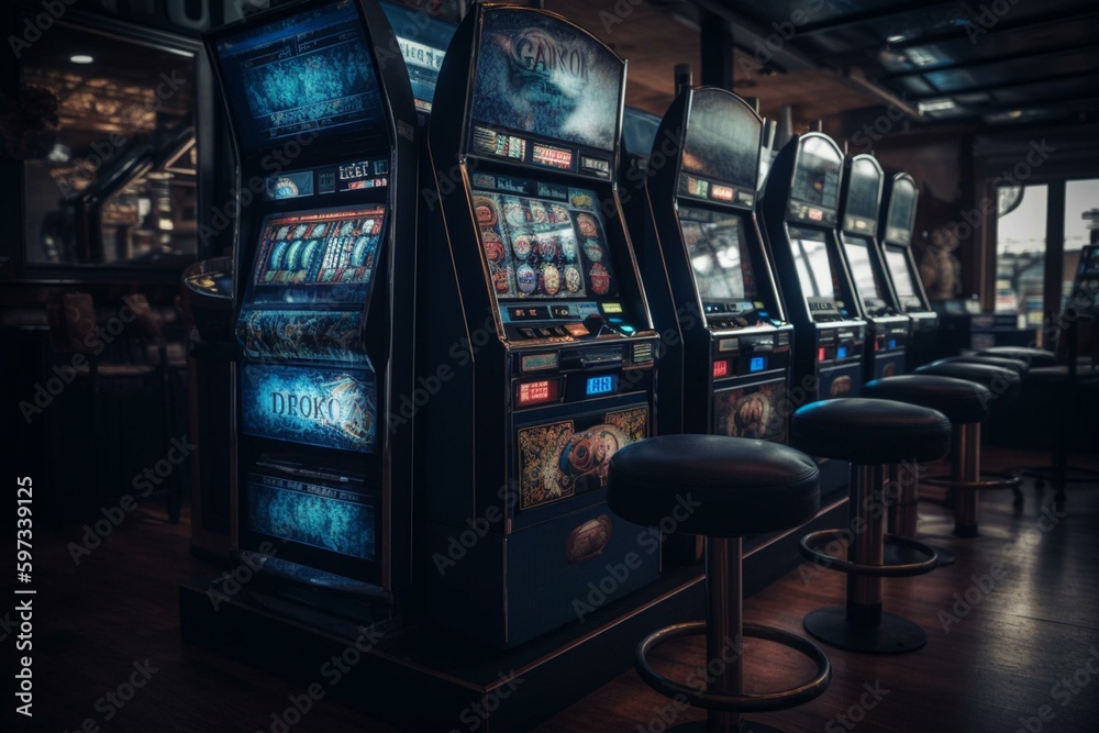 Gaming machine with spinning reels and various icons used for betting and winning money. Generative AI