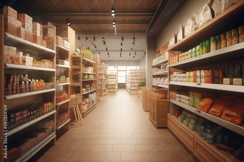 3D supermarket interior with stocked shelves. Generative AI