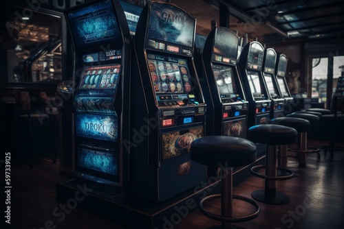 Gaming machine with spinning reels and various icons used for betting and winning money. Generative AI