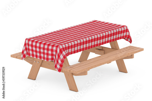 Wooden Picnic Table with Benches and Red Plaid Tablecloth. 3d Rendering