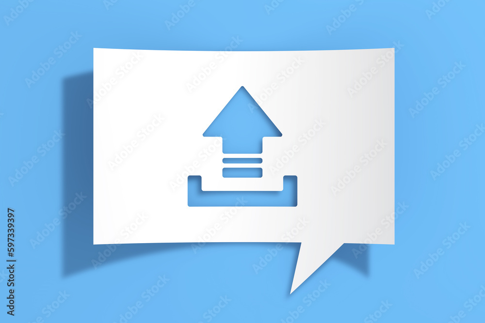 Upload Icon on Cutout White Paper Speech Bubble. 3d Rendering Upload Icon on Cutout White Paper Speech Bubble. 3d Rendering