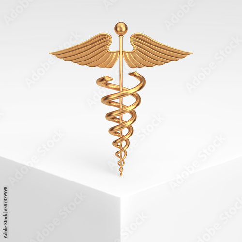 Gold Medical Caduceus Symbol on a White Product Presentation Podium Cube. 3d Rendering