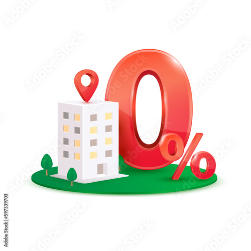 Condominium, location pin and red zero percent on green grass. Real estate. Refinance and mortgage. 0% discount interest rate. Promotion campaign in financial. Property investment concept. Vector.