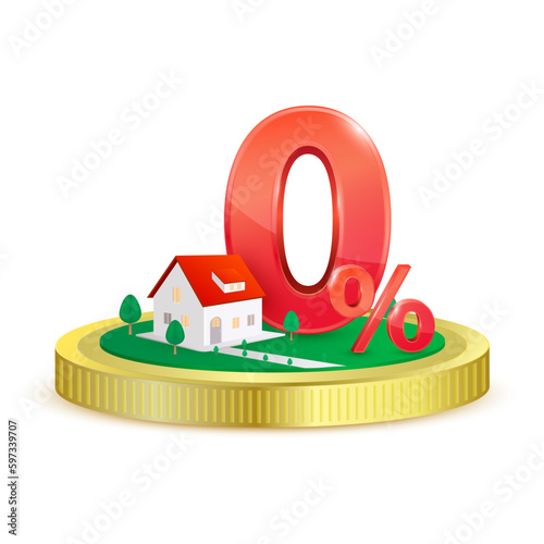 House and red zero percent on gold coin. Real estate. Refinance and mortgage. 0% discount interest rate. Promotion campaign in financial, banking. Property investment concept. Icon 3D isolated Vector.