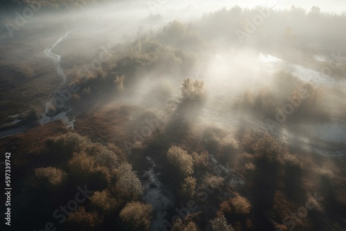 A misty landscape viewed from above. Generative AI