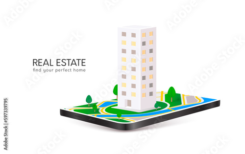 Real estate on mobile. Model condominium icon in location pin red on GPS map city center in app smartphone. Isolated on white background for ads. Property investment concept. Vector