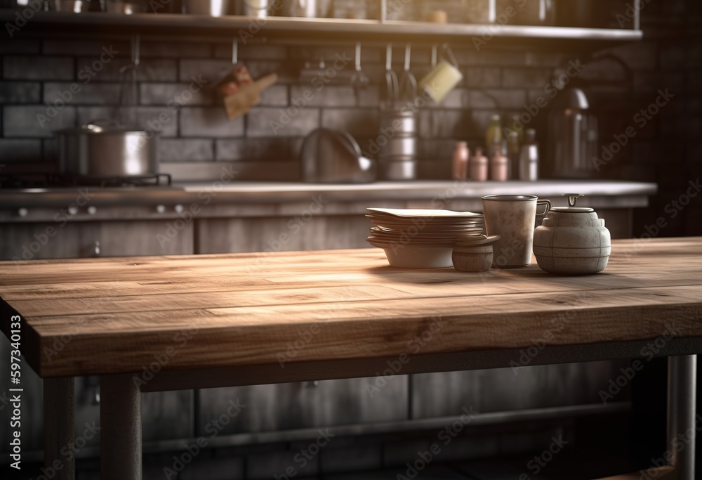 Kitchen background with counter top view, generative ai