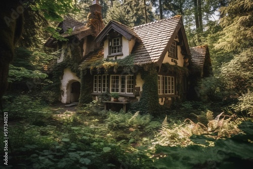 A charming fairytale cottage nestled in a lush woodland. Generative AI © Ilya