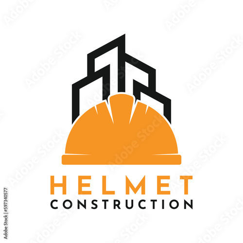 Building logo, architectural building vector logo design template. helmet and building modern logo combination